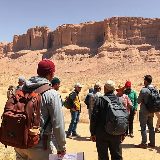 Imagen de un grupo de turistas visitando el desierto de Tabernas, con gu&iacute;as locales explicando la historia del cine en la zona.