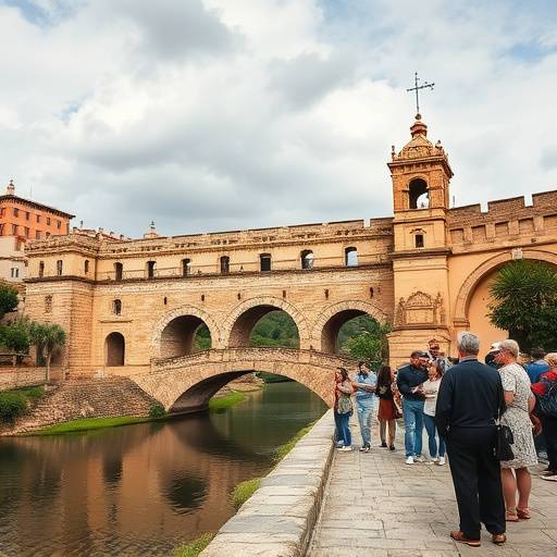 Un grupo de turistas caminando por el Puente Romano de C&oacute;rdoba, escuchando atentamente a un gu&iacute;a que les cuenta sobre el rodaje de Juego de Tronos.