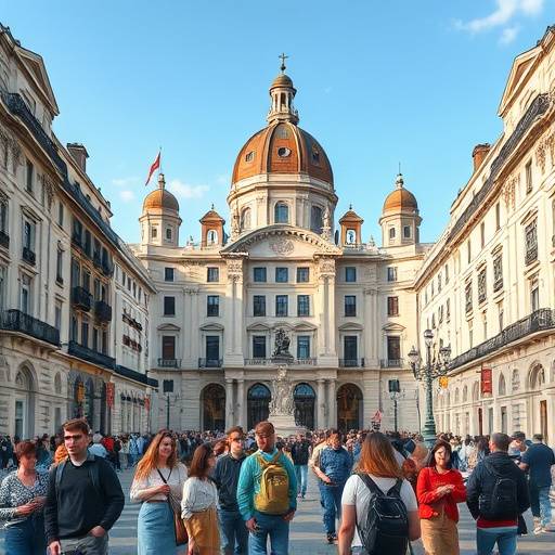 Un grupo de viajeros recorriendo la Gran V&iacute;a de Madrid, acompa&ntilde;ados por un gu&iacute;a tur&iacute;stico que se&ntilde;ala los edificios y lugares que han aparecido en diversas pel&iacute;culas.